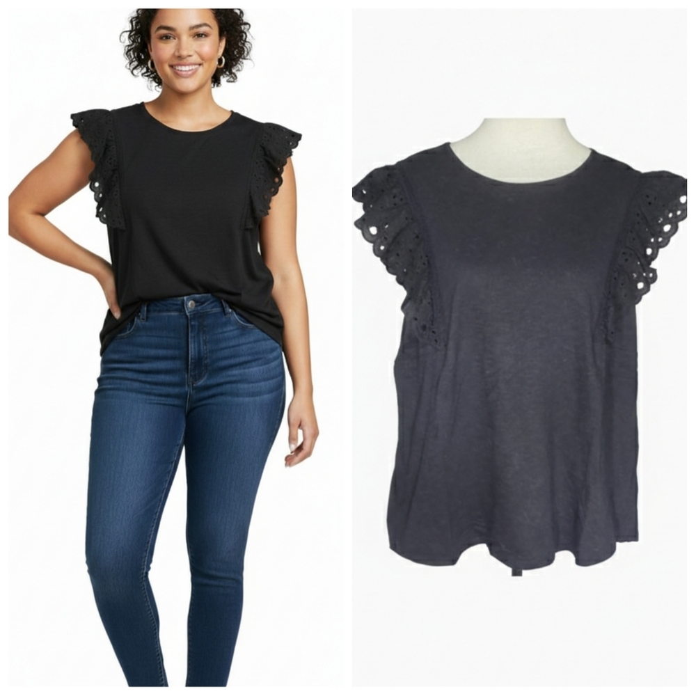 LC Lauren Conrad Plus Size Black Eyelet Short Sleeve Blouse Women's Plus Size 1X